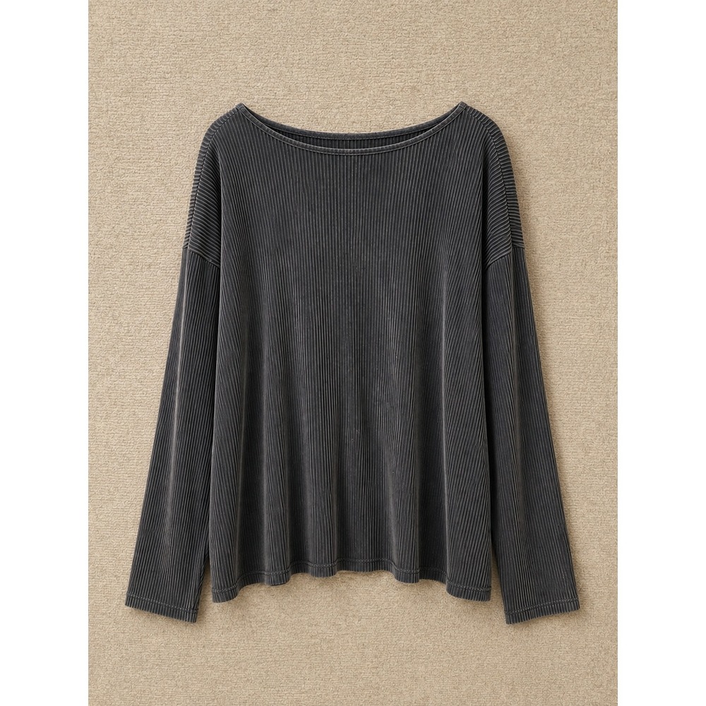 Express Vintage Women Top S Gray Tricot Micro Pleated Boat Neck Long Sleeve